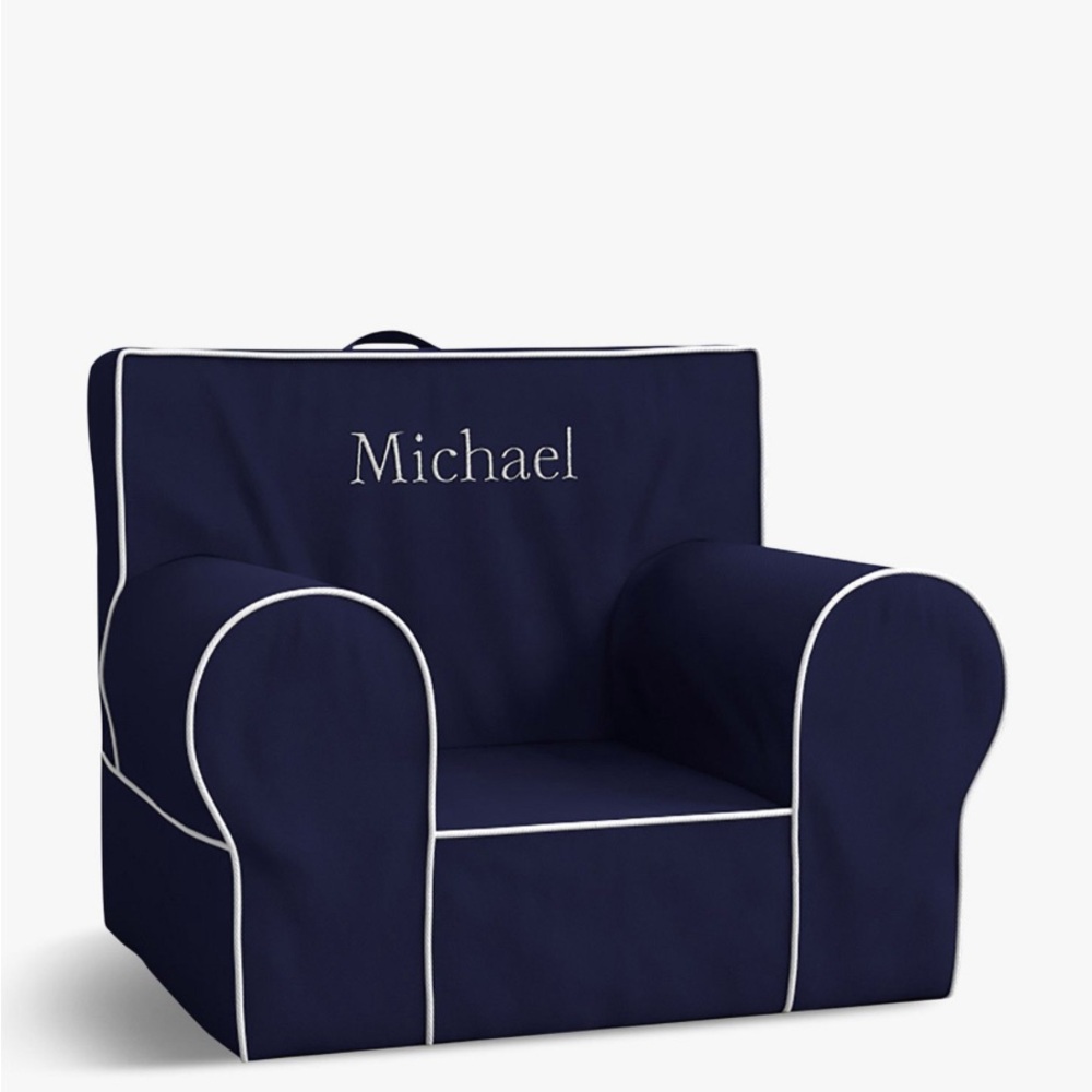 Navy pottery barn chair slip cover with White Trim Mathew